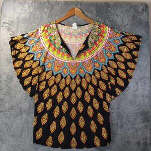 Trina Turk Moroccan Medallion Women M Black Tunic Geometric Coverup Dress